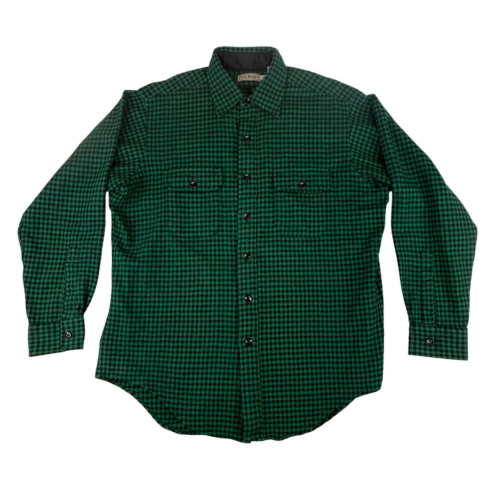 LL Bean Wool Blend Flannel Shirt Mens L Green Black Plaid Buffalo Check 1519